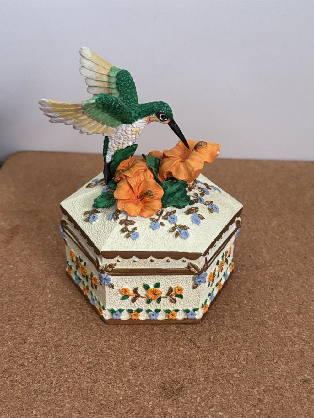 Hand-Painted Hummingbird Floral Trinket Box Musical 4.5”